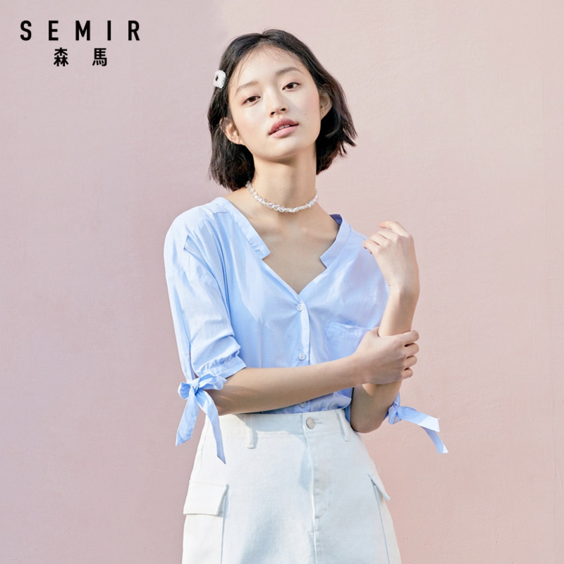 森马2020夏季新款纯棉短袖v领衬衫 森马outlets店衬衫