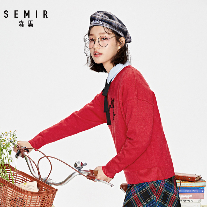 森马女落肩袖显瘦字母刺绣新款毛衫 森马outlets店毛针织衫