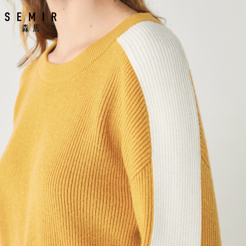 森马女撞色拼接圆领针织慵懒套头衫 森马outlets店毛衣