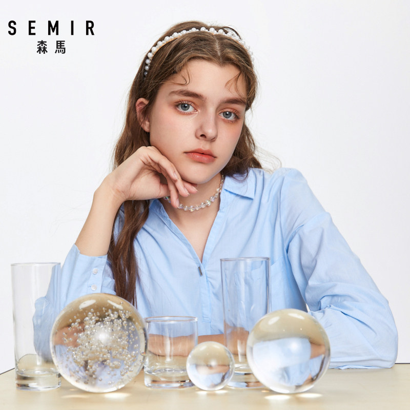 森马新款长袖女显瘦v领宽松白衬衫 森马outlets店衬衫