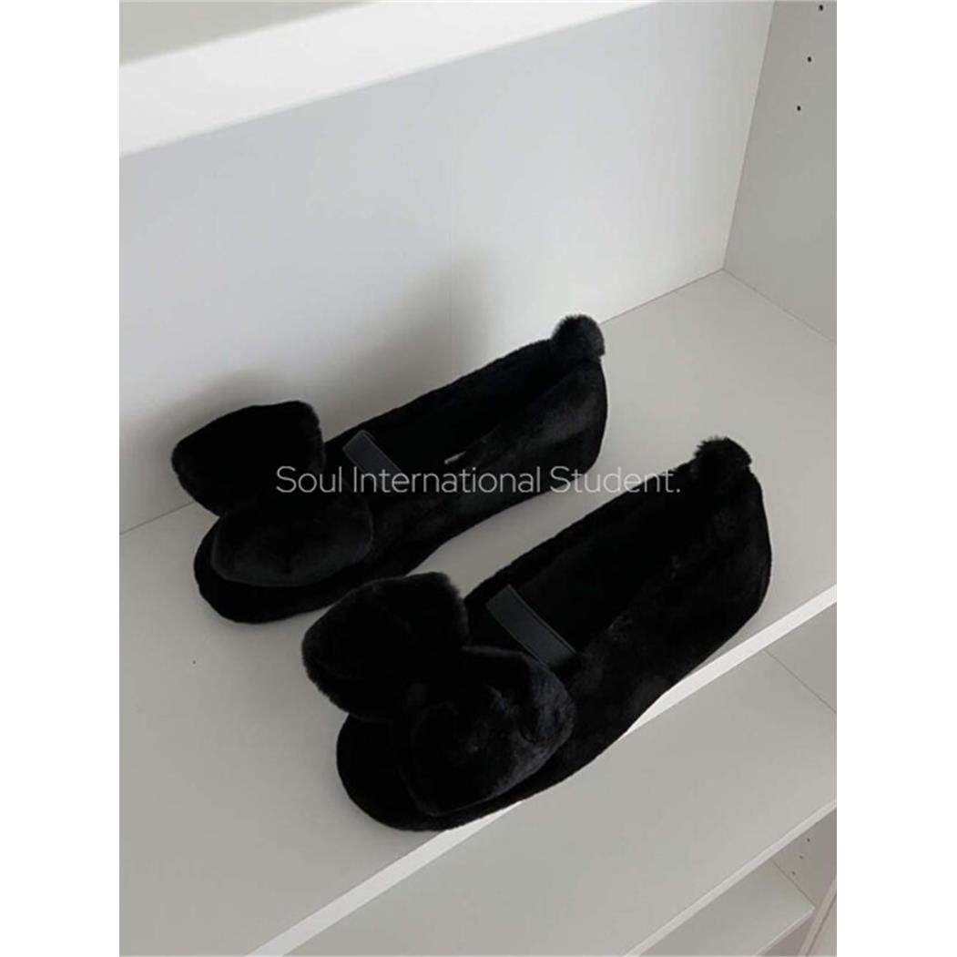 韩国蝴蝶结毛毛鞋女灰姑娘冬季加绒圆头舒适保暖平底豆豆鞋,淘宝优惠券,粉丝福利购,淘宝优惠卷