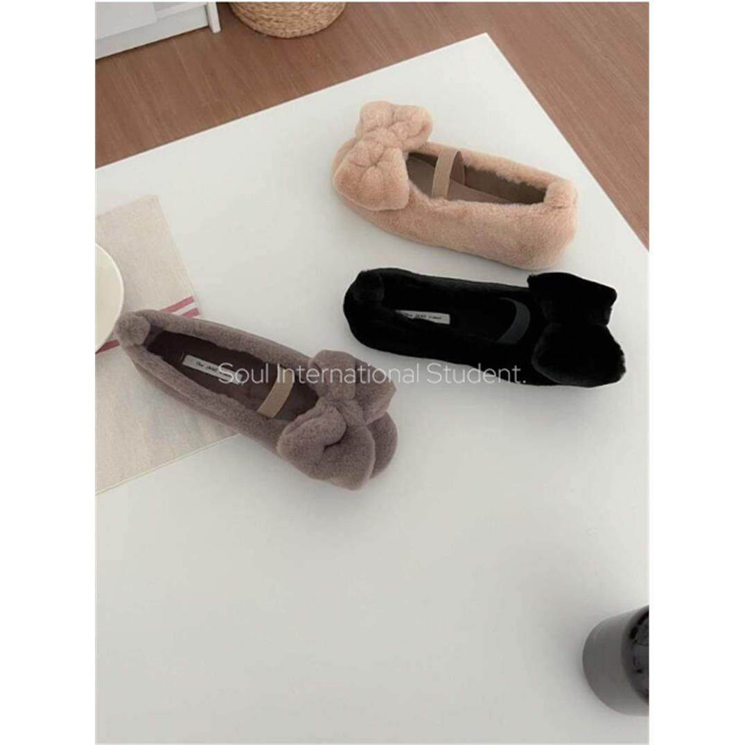 韩国蝴蝶结毛毛鞋女灰姑娘冬季加绒圆头舒适保暖平底豆豆鞋,淘宝优惠券,粉丝福利购,淘宝优惠卷