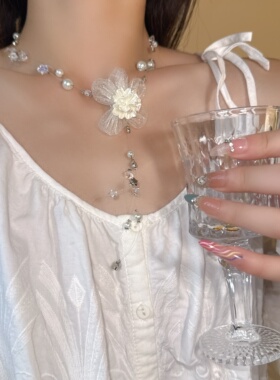 精致山茶花珍珠水晶流苏项链女款