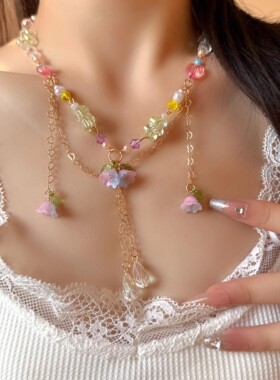 氛围感粉色花朵串珠流苏项链女款
