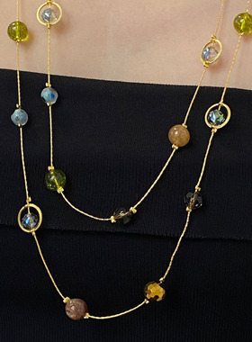 中古幻彩水晶天然石串珠项链女