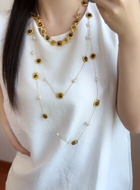 长款双层虎眼石几何方形串珠项链