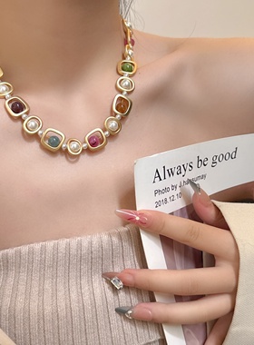 欧美风彩色珠几何方块串珠项链女