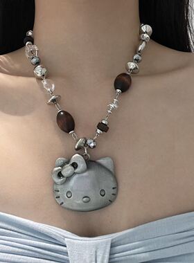 卡通小猫吊坠串珠项链女锁骨链