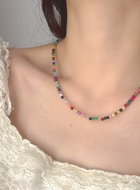 彩虹色珠子串珠项链锁骨链颈链女