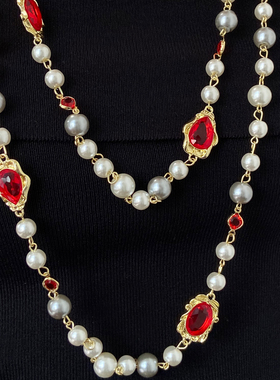 潮叠戴多层珍珠红宝石结婚项链女