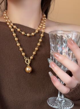 复古轻奢多层金色珍珠OT扣项链女