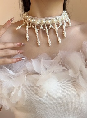 仙女风珍珠串珠流苏蕾丝项链女款