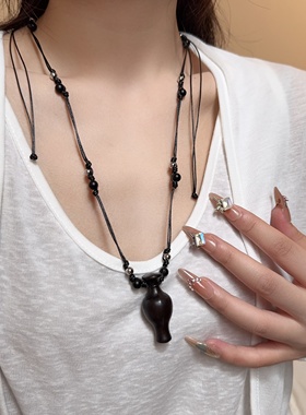 立体木质花瓶黑绳长款复古项链女