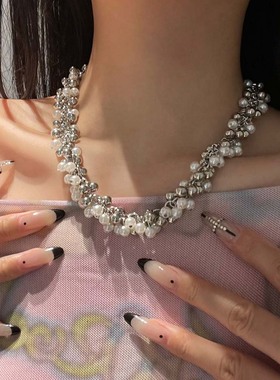 金属圆球编织珍珠流苏项链颈链女