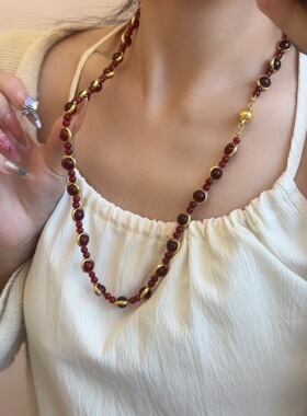 复古设计红水晶金属圈串珠项链女