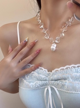 透明碎石串珠巴洛克珍珠吊坠项链