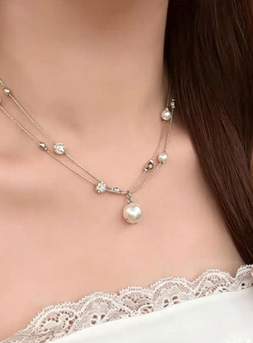 复古轻奢双层闪锆珍珠吊坠项链女