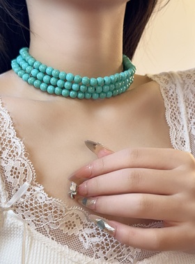 法式复古多层绿松石串珠项链女潮