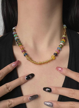 多巴胺彩石串珠项链女短款锁骨链