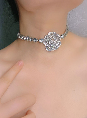 金属水晶链女满钻玫瑰花锁骨链