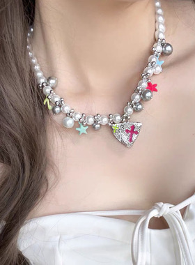 韩系串珠星星音符十字爱心项链女