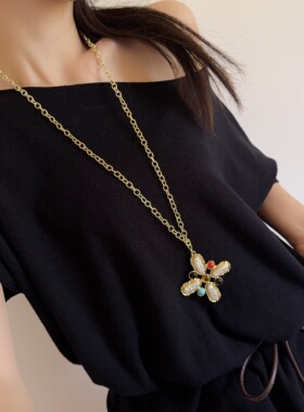 复古镶嵌彩石夸张十字架吊坠项链