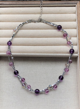 多巴胺天然石紫水晶串珠闪亮项链