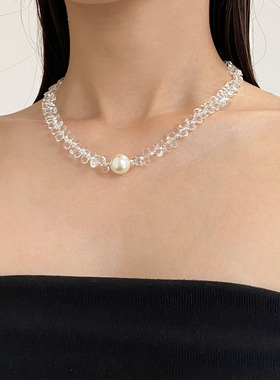 透明水晶串珠项链珍珠锁骨链颈链