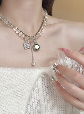 双层水晶串珠绿水晶吊坠轻奢项链