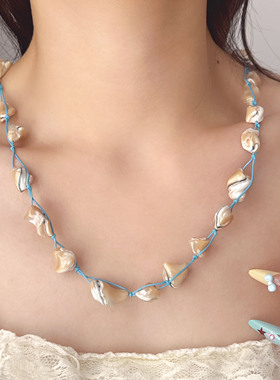 天然石贝壳串珠项链女锁骨链颈链