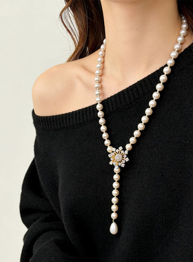 轻奢水钻雪花朵珍珠串珠项链配饰