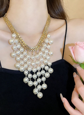 法式复古多条流苏珍珠串珠项链女