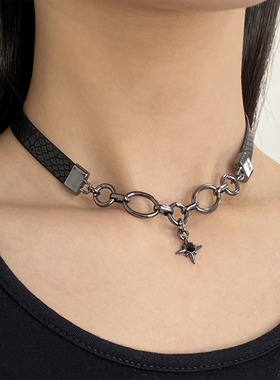 金属镶钻星芒暗黑风皮质项链