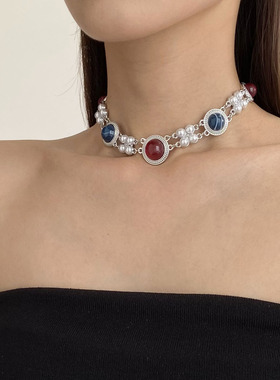 中古高级感珍珠红宝石双层颈链