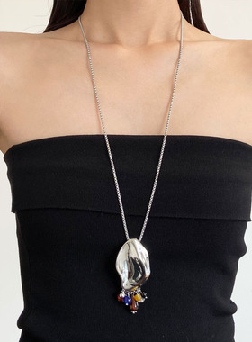 长款不规则金属椭圆吊坠女毛衣链