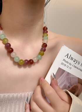 多巴胺彩虹天然石串珠气质项链女