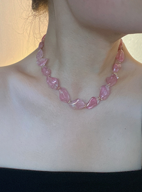 水晶串珠女粉色异形锁骨链项链