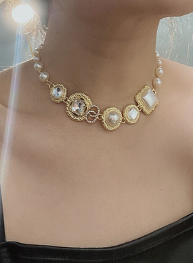 金属镶钻女小香风珍珠项链毛衣链