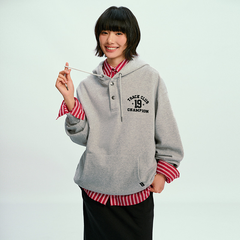 Champion冠军套头连帽卫衣男2026春季新款按扣领休闲复古校园潮女