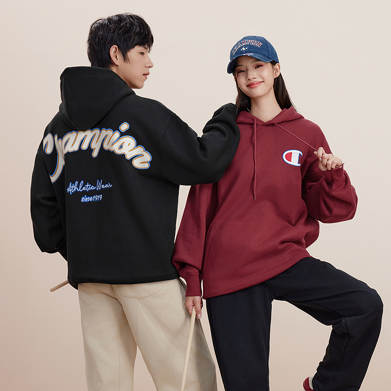 Champion冠军卫衣男2025冬季新款刺绣加绒休闲红色连帽卫衣落肩秋 - 图1