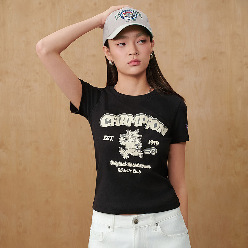 Champion冠军短袖女2026夏季新款卡通印花T恤显瘦修身印花短款潮