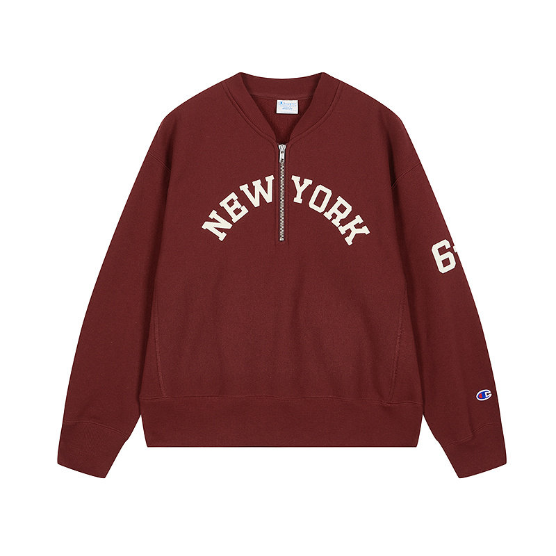 Champion冠军半拉链加绒卫衣女25冬季新款V领红色校园球衣风宽松