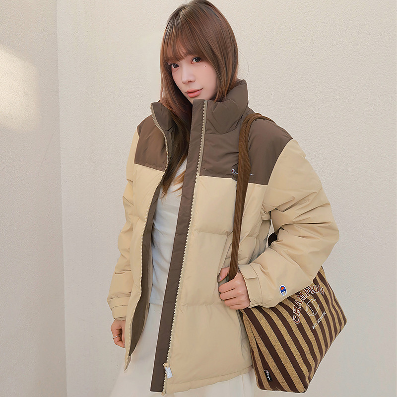 [三防]Champion冠军拼色羽绒服男2025冬季新款黑色短面包服立领秋