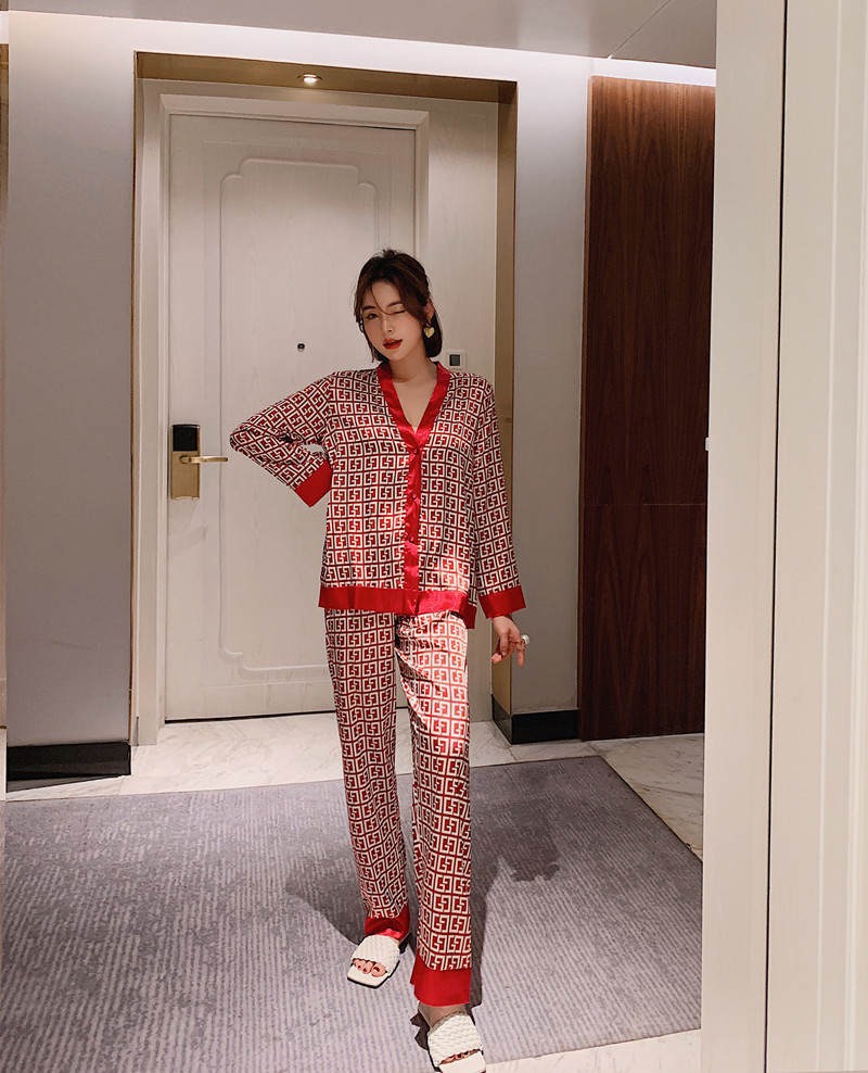 Women's Pajamas Set Print Sleepwear Silk Like Home Cloth-图3