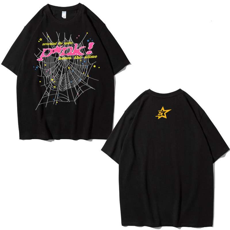 Sp5der 555555蛛网印花宽松休闲小众潮牌男女情侣纯棉街头潮牌T恤 - 图1