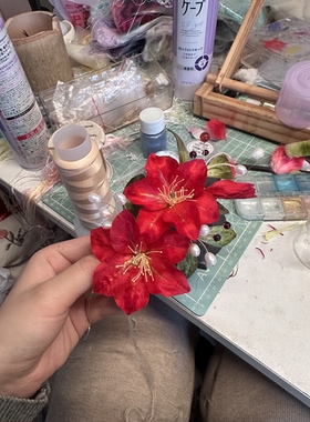 云中手作 绒花红百合婚嫁款蚕丝制作非遗绒花