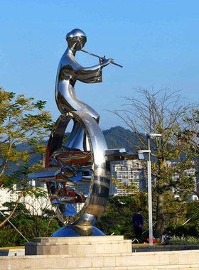 不锈钢镜面铁艺抽象吹笛少女雕塑