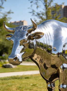 不锈钢牛雕塑定制抽象几何鹿草坪装饰金属镂空镜面耕牛落地摆件