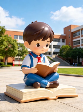 校园主题读书小孩雕塑定制幼儿园玻璃钢卡通彩绘看书摆件加工厂