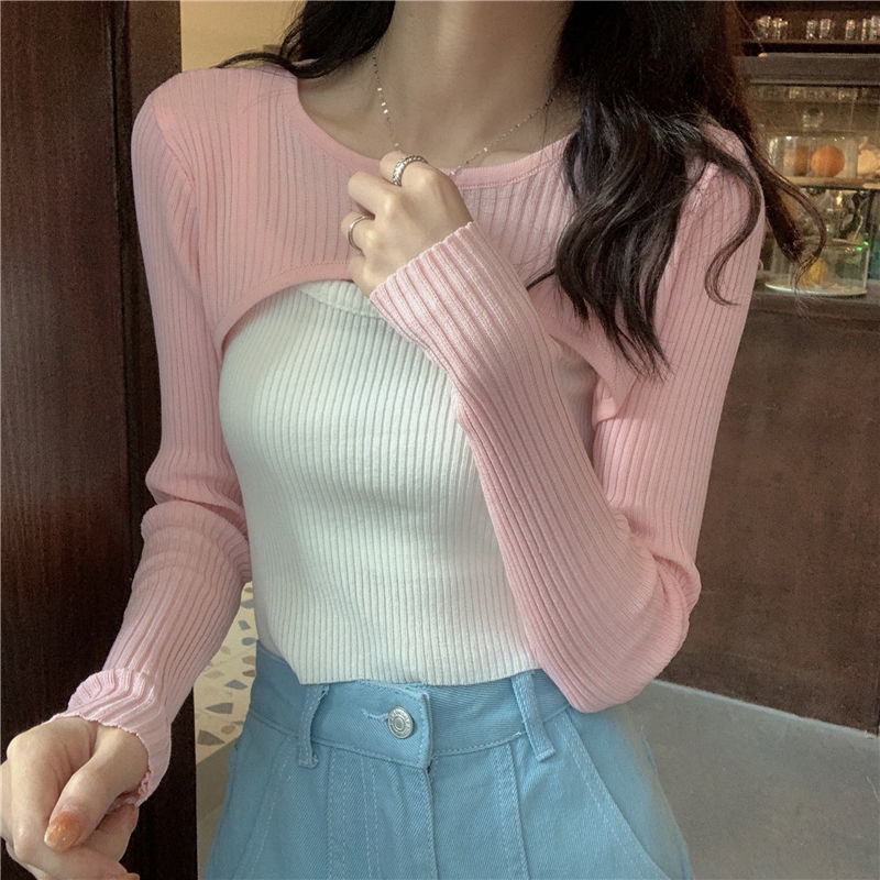 Long Sleeve Pullover Knit Cropped Blouse  套头针织衫短款罩衫 - 图1